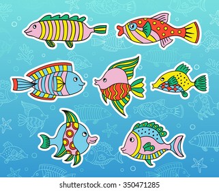 Funny vector fish swimming underwater sea and ocean