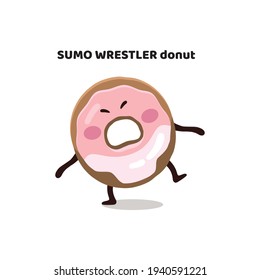 Funny  vector  flat cartoon kid's character sticker, illustration, mascot, icon, emoji  of pink glazed sumo wrestler donut