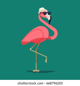 Funny vector flat design flamingo in sun glasses and hat