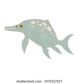 Funny vector flat dinosaur in cartoon style. Dinosaur Ichthyosaurus. Illustration for children's encyclopedias and materials about dinosaurs. Ancient animals. Ichthyosaurus on a white background.