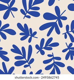 Funny vector floral seamless pattern in doodle style with blue branches and leaves on a light background. Abstract botanical design. Perfect for fabric, wrapping paper or stationery