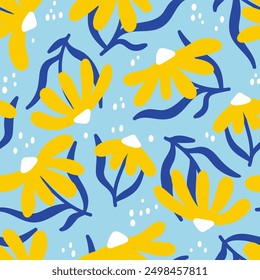 Funny vector floral seamless pattern in doodle style with yellow flowers on a light blue background. Abstract botanical design. Perfect for fabric, wrapping paper or stationery