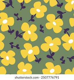 Funny vector floral seamless pattern in doodle style with yellow flowers on a green background. Abstract botanical design. Perfect for fabric, wrapping paper or stationery