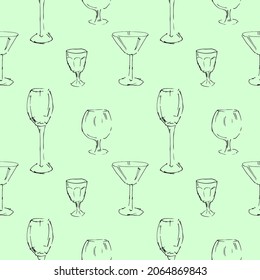 Gafas vectoriales divertidas para champán, coñac, martini y vodka sobre un fondo verde claro de interiores de la industria textil.