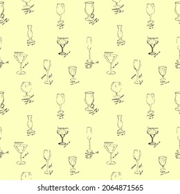 Funny vector glasses for champagne, cognac, martini and vodka and others on a light yellow background of interiors, textiles, industrial production.