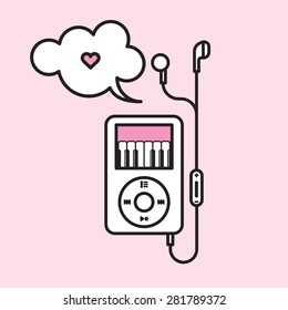 Funny vector graphic illustration of an mp3 player device with headset, playing lovely piano music
