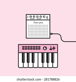 Funny vector graphic illustration of music equipments: a guitar amplifier and a pink synthesizer