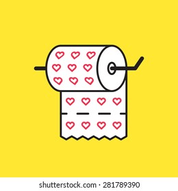 Funny vector graphic illustration of a roll of toilet paper printed with heart pattern