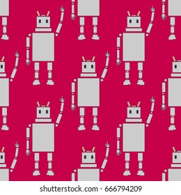 Funny vector gray robot in flat style on red background, seamless.