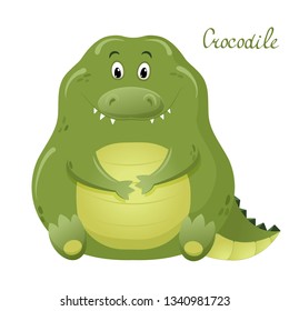 Funny vector greeting card with cute fat cartoon color crocodile. The concept of fun design for clothing and interior. Simple comic animal character