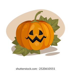 Vector divertido ilustración de Halloween. Calabaza madura grande con la cara de miedo tallada tradicional en muchas hojas de racimo. Jack o Lantern. Amplia sonrisa malvada. Dibujado a mano arte de celebración de vacaciones. Diseño festivo lindo