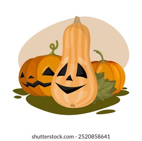 Funny vector halloween illustration. Cute carved pumpkins set in field. Jack o lantern. Classic cut out scary face. Autumn holiday celebration. Cartoon fall graphic art. Traditional festive decoration