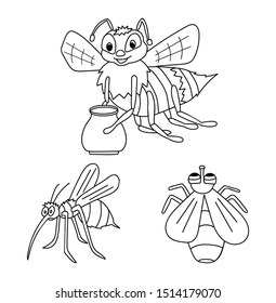 Funny vector hand drawn bee with mosquito and a fly