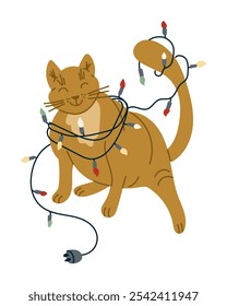 Funny vector hand drawn cat with Christmas garland with colorful bulbs. Childish holiday illustration isolated on white background. Flat design for Christmas decoration and stickers