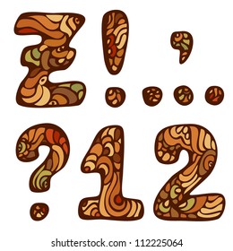 Funny vector hand drawn colorful Alphabet with punctuation marks and digits