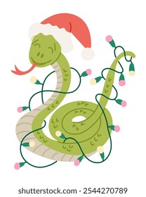 Funny vector hand drawn snake in Santas hat with Christmas garland with colorful bulbs. Childish holiday illustration isolated on white background. Flat design for Christmas decoration and stickers