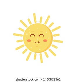 Funny vector hand drawn sun illustration. Cute sun emoticon icon. Summer sunny face emoji.
