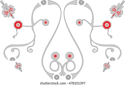 Funny vector happy cow with gray and red flowers and butterflies around