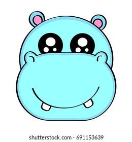 Funny vector hippopotamus, hipo with cute eyes in flat style isolated on white background. Childish print