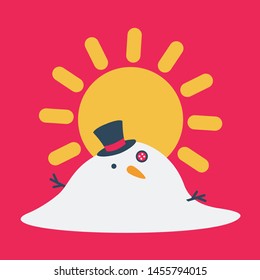 funny vector holiday flat design cartoon icon. cute melting Snowman face isolated symbol. happy and merry christmas concept for winter. white snow concept. hot sun print. sunny day and global warming sign