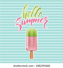 Funny vector ice cream background , speech bubble and hand written text "Hello summer". Hand drawing summer card.