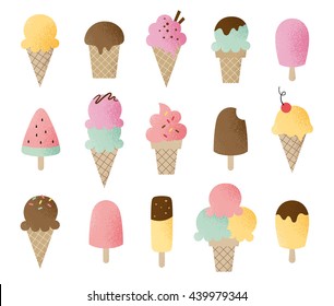 Funny vector ice cream set. Cartoon ice cream cones and popsicles.