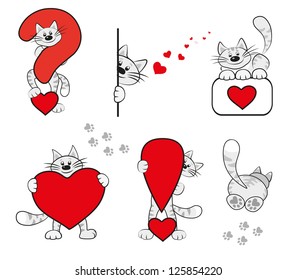 Funny vector icons with cartoon cat for Valentine Day. Red heart. Question mark, exclamation mark, box.