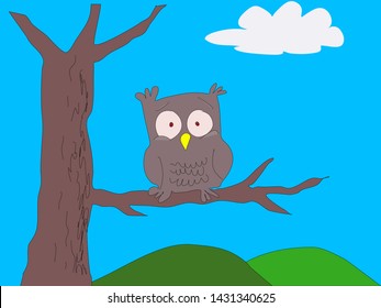 Funny vector illustraion of an owl sitting on a bare tree with cloud, hills and blue sky