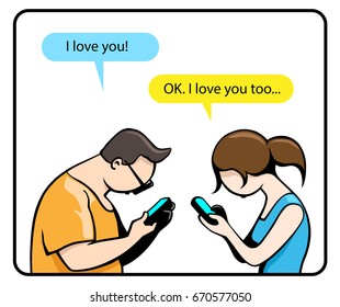 Funny Vector Illustration about Modern Relationship: Man and Woman Sitting Together and Texting Each Other about his Love