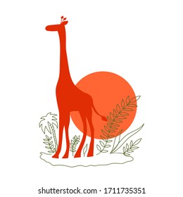 Funny vector illustration of the African giraffe silhouette with stylized orange sun and exotic plants.