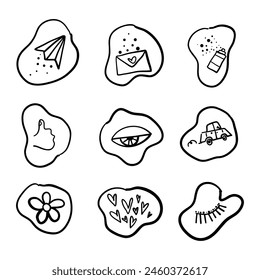 Funny vector illustration, airplane, envelope, can, hand, eye, car, flower, hearts and eyelashes in doodle style. Perfect for cards, posters and web design