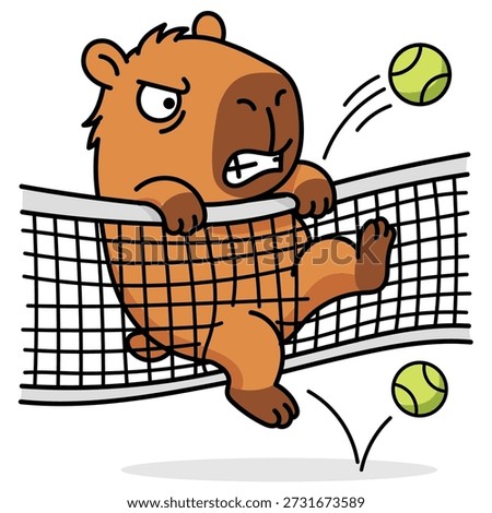 Funny vector illustration of an angry capybara tangled in a net during a padel or pickleball game. The comical cartoon rodent hangs on the sports net, hooked by its paws, looking extremely furious and annoyed. The character bears its teeth, frowns, and demonstrates an aggressive emotion of failure while trying to get out of the trap. Yellow-green tennis balls fly dynamically around the animal, emphasizing the chaos and tension of the moment. The design is executed in a flat style with bold black outlines on an isolated white background, making the picture convenient for use in design and advertising. This clipart is ideal for memes about sports failures, bad workouts, stress, or bad moods. The image conveys the concept of an "epic fail" and sports rage, where a cute beast turns into a furious monster due to clumsiness. The theme of active recreation is presented through humor and sarcasm. The capybara, usually a calm animal, is shown here in an unusual state of rage, which attracts the viewer's attention. The scene illustrates a moment of squash, badminton, or tennis when the situation has spiraled out of control. The net is drawn in detail with cells, creating a sense of a barrier. The character's emotion is a mixture of anger, powerlessness, and comical aggression. The vector format allows scaling the image without losing quality for printing on t-shirts, stickers, mugs, or creating content for social networks. The picture is perfect for coach blogs (as an example of beginner mistakes), articles about sports psychology, or just for entertaining the audience. This is a visual metaphor for a tangled situation, life difficulties, or struggle with circumstances, presented in a light entertaining form.