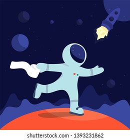 Funny vector illustration with astronaut in the space. Cosmonaut late for a spaceship. Humorous cartoon with spaceman running on the red planet. Spacecraft in the cosmos. Story about an upset stomach.