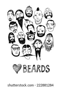 Funny vector illustration with beards and different people.  Isolated editable objects.