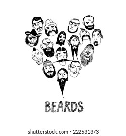 Funny vector illustration with beards on different people. Heart shape. Isolated editable objects.