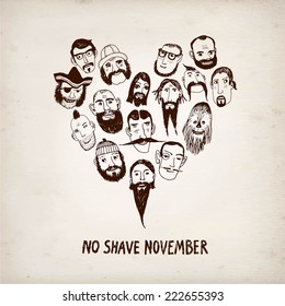 Funny vector illustration with beards on different people for No Shave November action. Heart shape. Isolated editable objects.