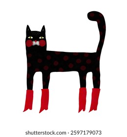 Funny Vector Illustration of Black Cat in Red Shoes. Dreamy Black Kitty Wearing Red Boots. Cute Infantile Style Nursery Art with Black Cat ideal for Wall Art, Poster, Card. RGB Colors.	
