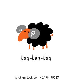 Funny vector illustration of black sheep. Phrase Baa.