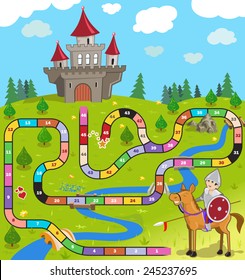 Funny Vector Illustration: A Board Game With Warrior On The Horse Near The Castle. EPS8. Funny Cartoon Knight In The Field