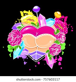 Funny vector illustration with booty, roses, diamonds and candy. Original design for t-shirt. 