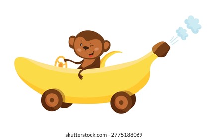 A funny vector illustration of a brown monkey riding in a yellow banana-shaped car with wheels.