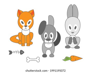 Funny vector illustration of cartoon animal characters with their favorite food fish, bone and carrot. Suitable for the design of children's clothes.
