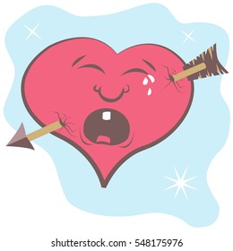 Funny vector illustration of cartoon broken heart with arrow