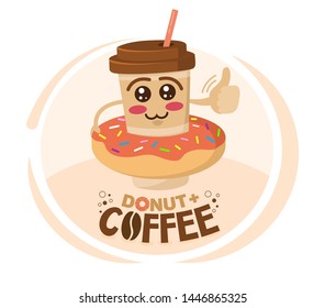 Funny vector illustration of cartoon character coffee cup wore a donut. Coffee shop concept.