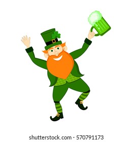 Funny vector illustration with cartoon leprechaun, hat, clover and beer. 