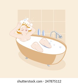 funny vector illustration in cartoon retro style of a girl takes a bath