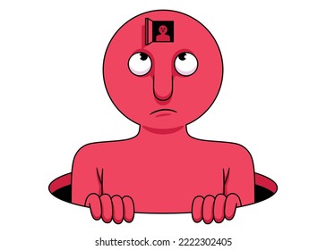 Funny vector illustration, cartoon style, of a very simple red character that comes out of a hole and in whose head there is a small window through which another very small character can be seen.