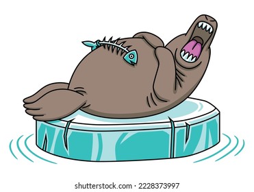 Funny vector illustration, in cartoon style, of a seal sleeping on a small iceberg.