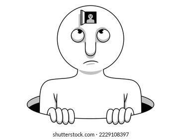 Funny vector illustration, cartoon style and grayscale, of a simple character that comes out of a hole and in whose head there is a small window through which another very small character can be seen.