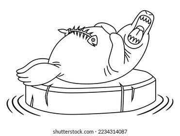 Funny vector illustration, in cartoon style and outlined, of a seal sleeping on a small iceberg.